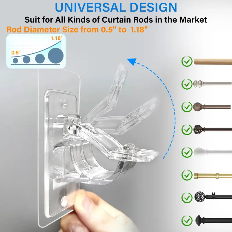 No-Drill Self-Adhesive Curtain Rod Holders - Heavy Duty Clear Wall Bracket Hooks (Pack of 10/20/50)