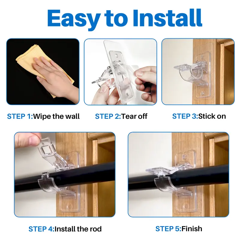 No-Drill Self-Adhesive Curtain Rod Holders - Heavy Duty Clear Wall Bracket Hooks (Pack of 10/20/50)