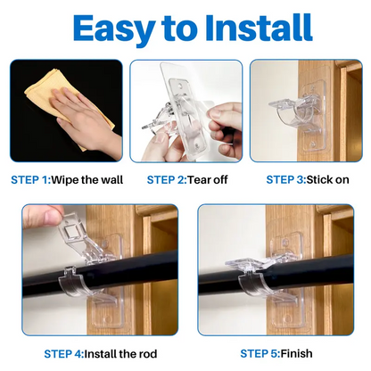 No-Drill Self-Adhesive Curtain Rod Holders - Heavy Duty Clear Wall Bracket Hooks (Pack of 10/20/50)