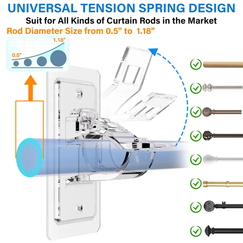 No-Drill Self-Adhesive Curtain Rod Holders - Heavy Duty Clear Wall Bracket Hooks (Pack of 10/20/50)